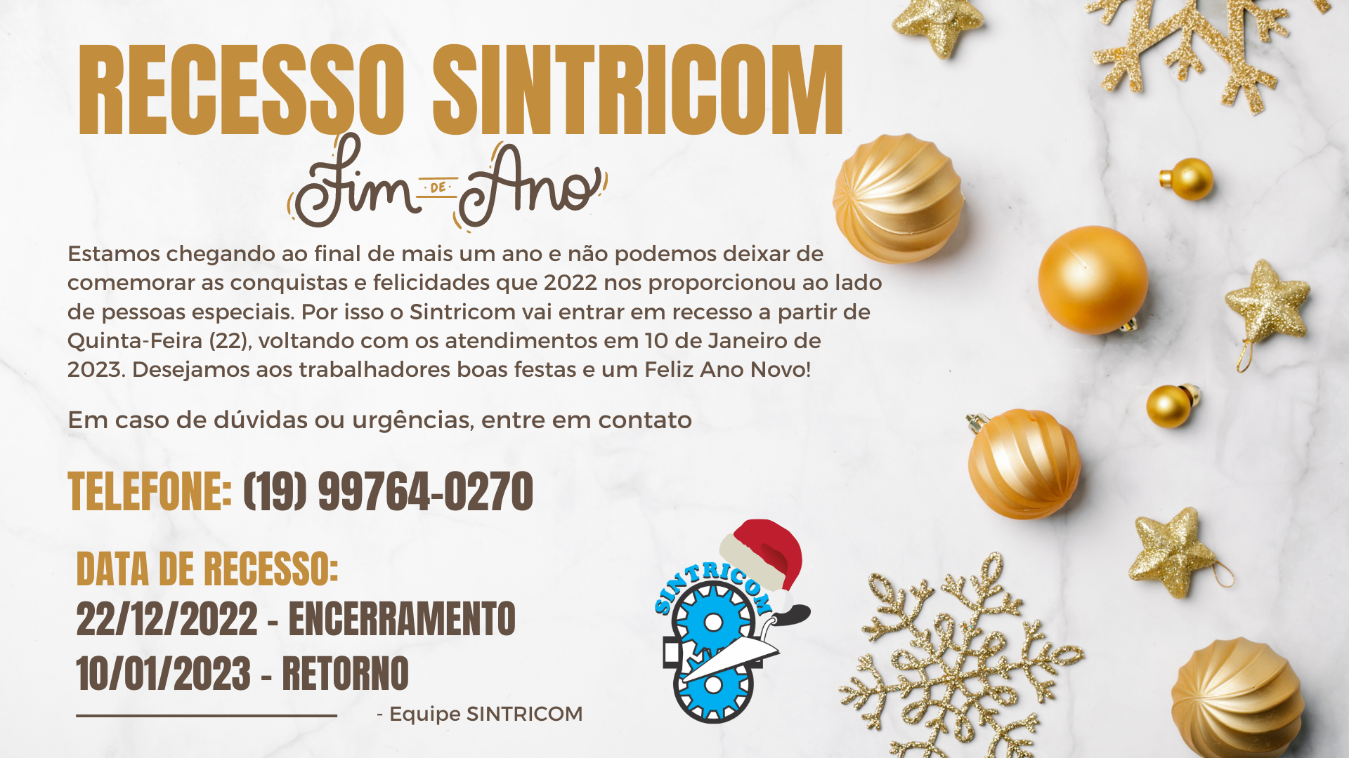 AVISO: Sintricom entrará de recesso em 22 de Dezembro
