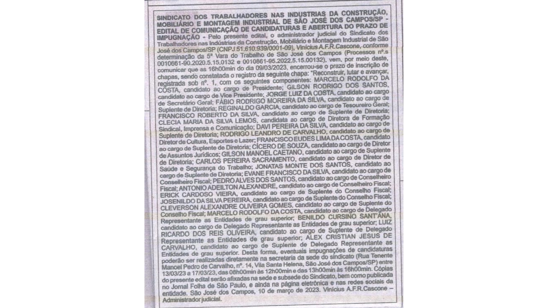 Prazo de inscrição de Chapas para Eleição do Sintricom se encerrou hoje, veja Edital